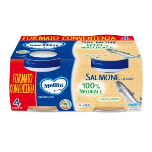 Confezione da 4 vasetti di omogeneizzato di salmone con verdure Mellin per svezzamento