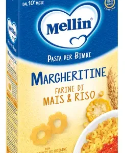 Confezione in astuccio da 280g di pasta Margheritine di farine di mais e riso Mellin