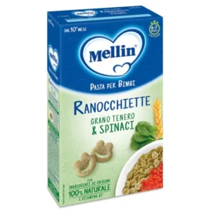 Confezione in astuccio da 280g di pasta Ranocchiette di grano tenero e spinaci Mellin