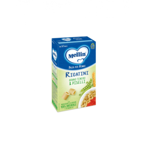 onfezione in astuccio da 280g di pasta Rigatini di grano tenero e piselli Mellin