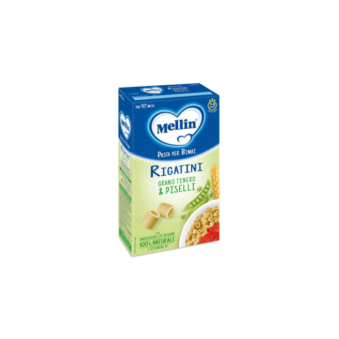 onfezione in astuccio da 280g di pasta Rigatini di grano tenero e piselli Mellin