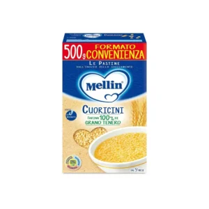 Confezione da 500g di pastina modello cuoricini Mellin per lo svezzamento dei neonati