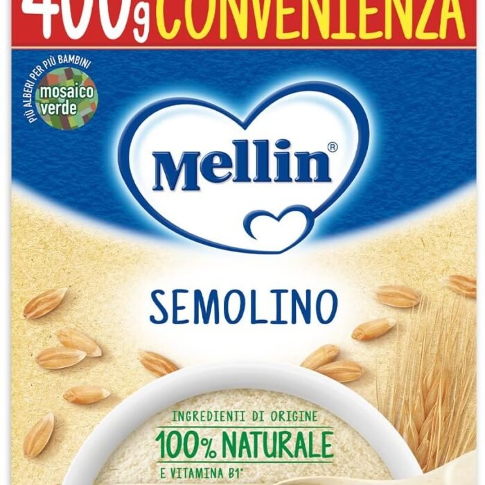 mellin-semolino-grano-tenero-farina-svezzamento-400g. Confezione da 400g di semolino di grano tenero Mellin per lo svezzamento dei neonati