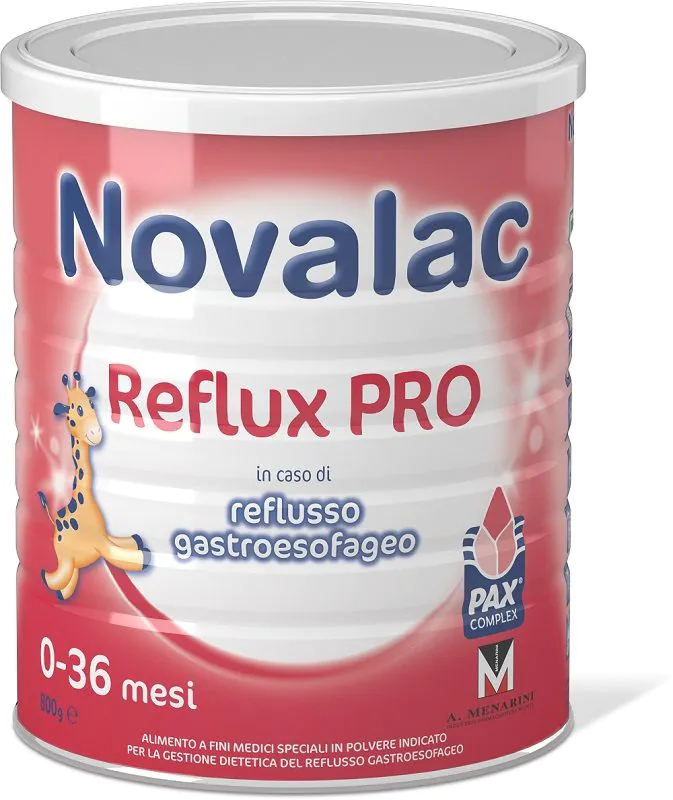 novalac-reflux-pro-latte-polvere-anti-reflusso-800g. Barattolo da 800g di Novalac Reflux Pro latte in polvere anti-rigurgito per bambini