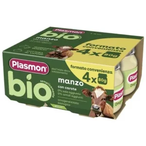 Confezione da 4 vasetti di omogeneizzato biologico di manzo con carote Plasmon BIO