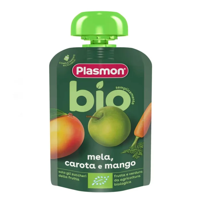 Confezione spremimi da 100g di frutta e verdura frullata biologica mela carota e mango Plasmon BIO