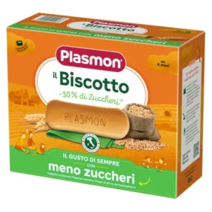 Confezione da 240g di biscotti Plasmon con il 30 per cento di zuccheri in meno
