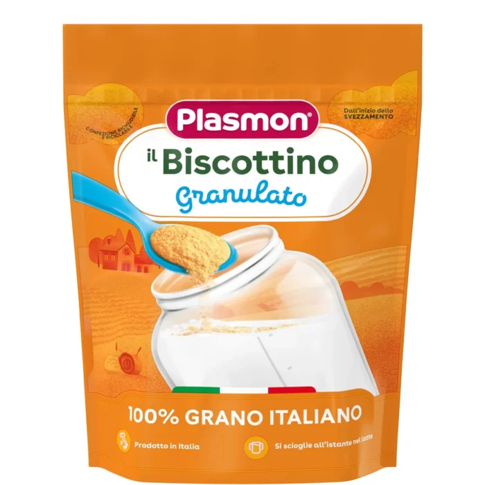 Barattolo da 350g di biscotto granulato Plasmon senza glutine per biberon