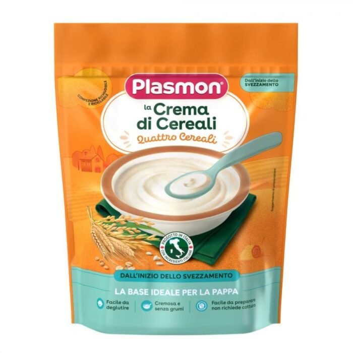 plasmon-crema-di-quattro-cereali-svezzamento-bambini-200g. onfezione da 200g di crema di quattro cereali Plasmon per le pappe dello svezzamento