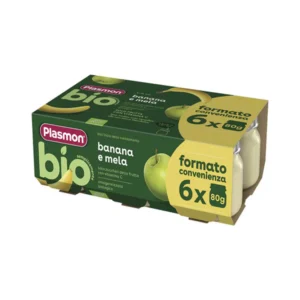 Confezione multipack da 6 vasetti di omogeneizzato biologico Plasmon gusto mela e banana