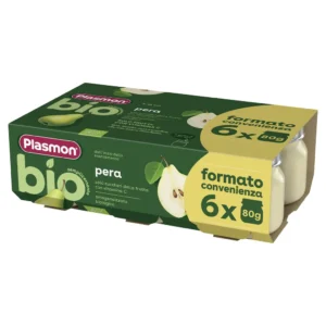 Confezione multipack da 6 vasetti di omogeneizzato biologico Plasmon al gusto pera per neonati