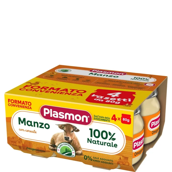 onfezione da 4 vasetti di omogeneizzato di carne di manzo Plasmon