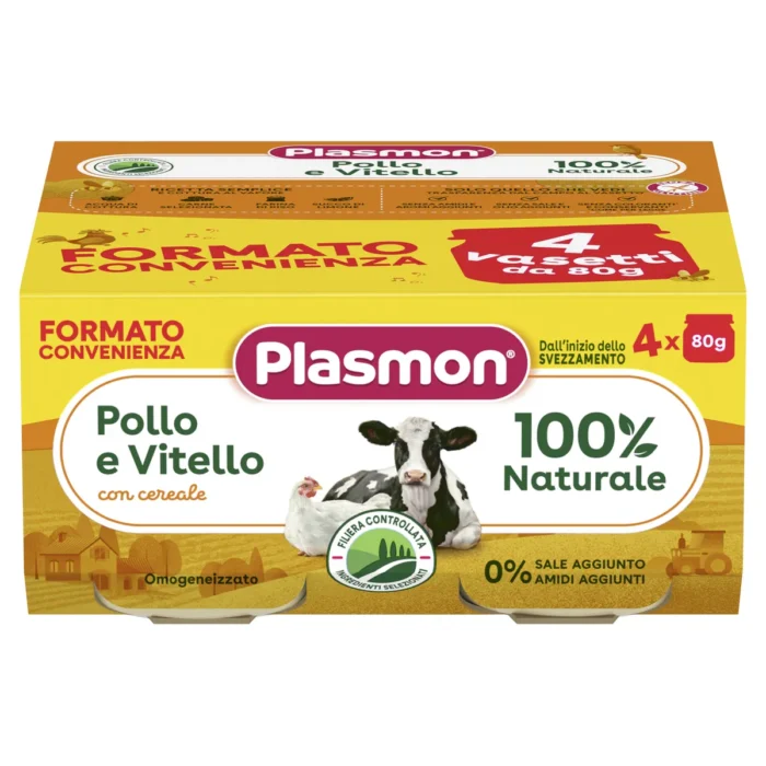 Confezione da 4 vasetti di omogeneizzato di pollo e vitello Plasmon per neonati