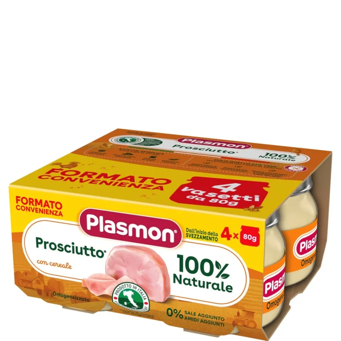 Confezione da 4 vasetti di omogeneizzato di prosciutto Plasmon per neonati