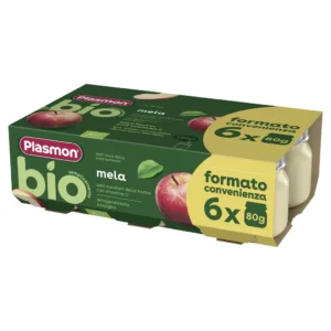Confezione formato scorta da 6 vasetti di omogeneizzato biologico di mela Plasmon per neonati