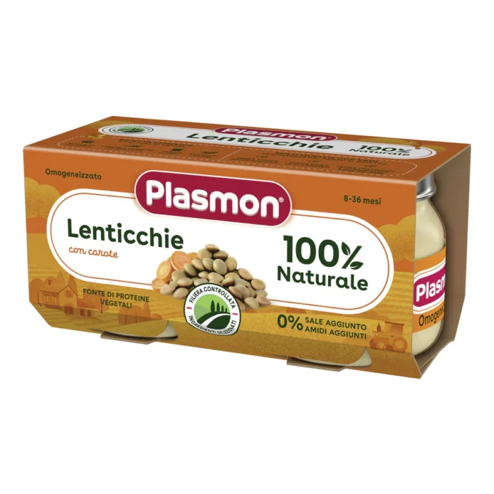 plasmon-omogeneizzato-legumi-lenticchie-carote-svezzamento-2x80g Confezione da 2 vasetti di omogeneizzato di lenticchie con carote Plasmon per neonati