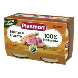 Confezione formato maxi da 2 vasetti di omogeneizzato di manzo e carote Plasmon