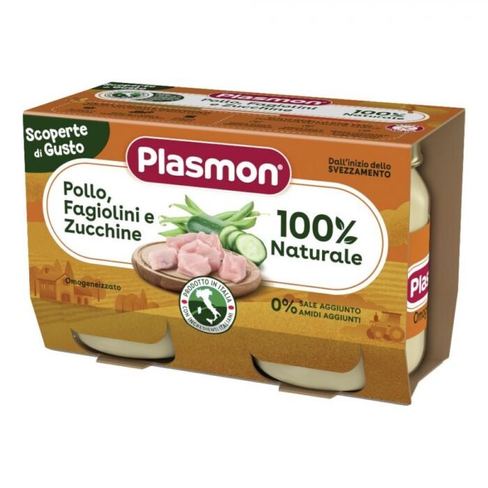 Confezione da 2 vasetti di omogeneizzato di pollo fagiolini e zucchine Plasmon