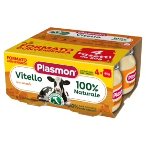 Confezione da 4 vasetti di omogeneizzato di vitello con cereale Plasmon per neonati