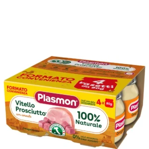 Confezione da 4 vasetti di omogeneizzato di vitello e prosciutto con cereale Plasmon