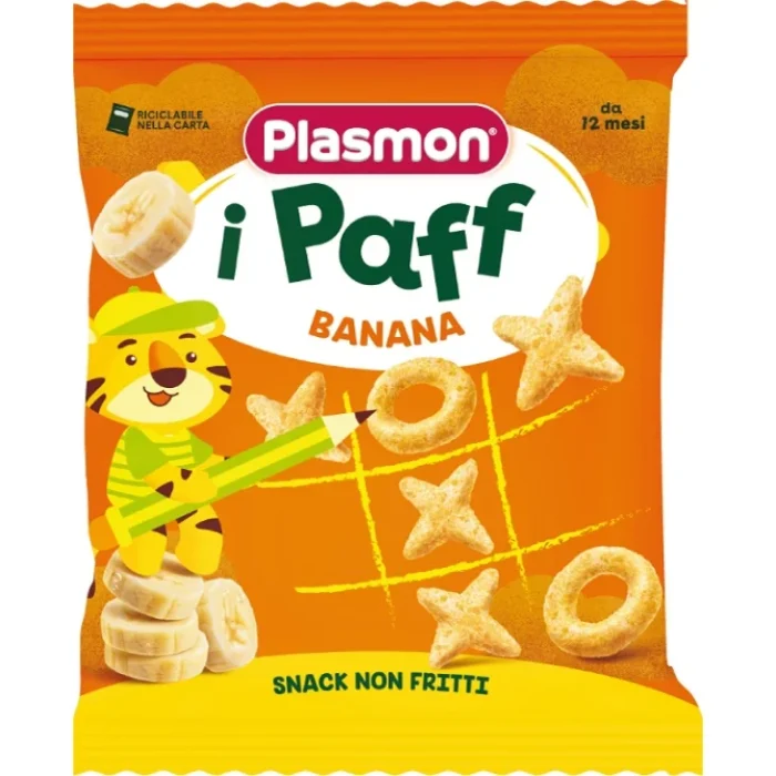 Sacchetto da 15g di snack biologico di mais Paff alla Banana Plasmon