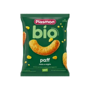 Sacchetto di snack biologico per bambini Plasmon Paff al gusto mais e miglio da 15g