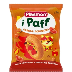 Sacchetto da 15g di snack biologico di mais Paff alla Carota e Pomodoro Plasmon