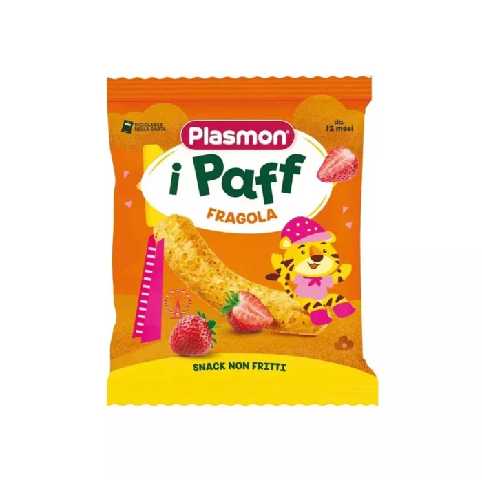 Sacchetto di snack per bambini Plasmon Paff al gusto fragola da 15g