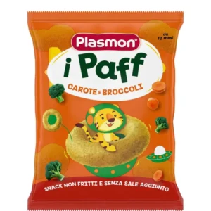 Sacchetto di snack per bambini Plasmon Paff al gusto carote e broccoli da 15g