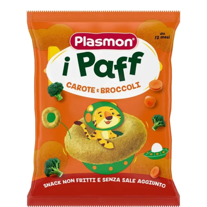 plasmon-paff-snack-cereali-verdure-carote-broccoli-bambini-15g Sacchetto di snack per bambini Plasmon Paff al gusto carote e broccoli da 15g