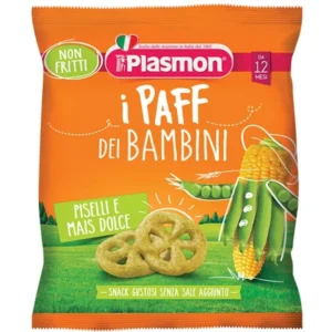 Sacchetto di snack per bambini Plasmon Paff al gusto piselli e mais dolce da 15g