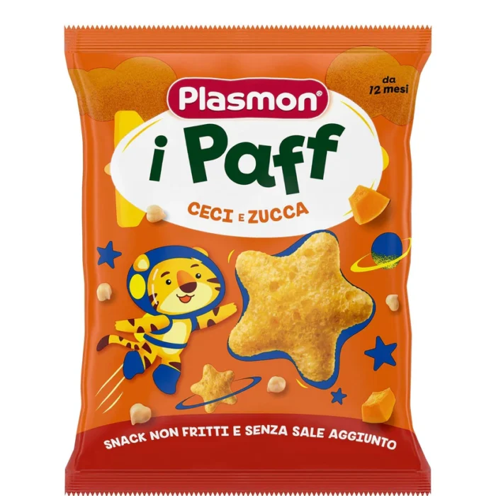 Sacchetto di snack per bambini Plasmon Paff al gusto ceci e zucca da 15g