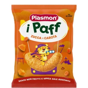 Sacchetto da 15g di snack biologico di mais Paff alla Zucca e Carota Plasmon