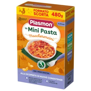 Confezione di Maccheroncini Plasmon da 480g, pasta per svezzamento dai 6 mesi.