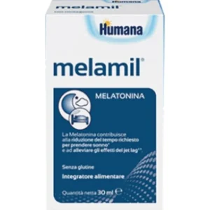 Confezione in astuccio da 30ml di Humana Melamil integratore alimentare di melatonina in gocce per il sonno dei bambini