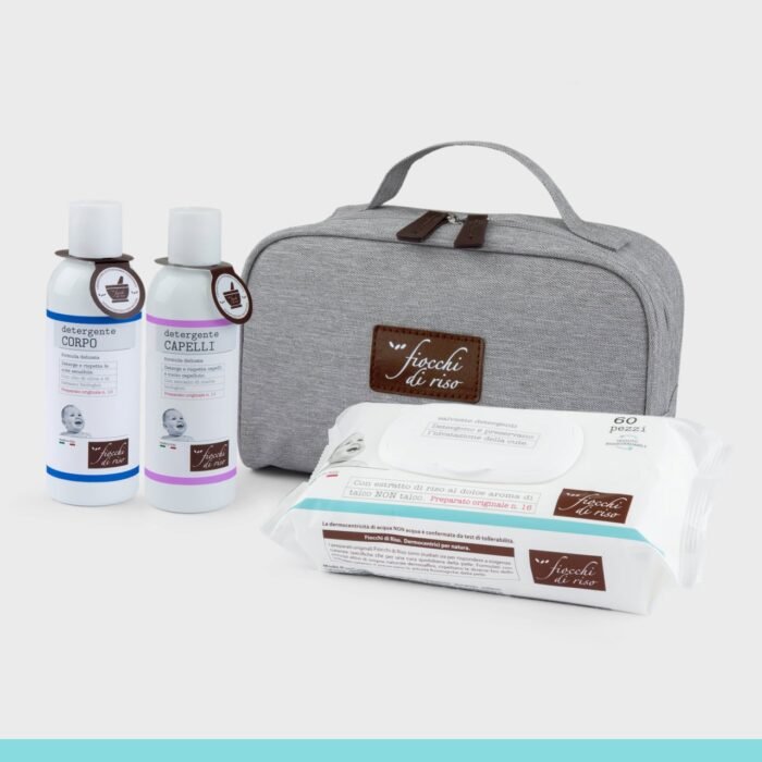 Cofanetto Bagnetto Delicato Fiocchi di Riso con beauty case, detergente corpo, shampoo e salviette