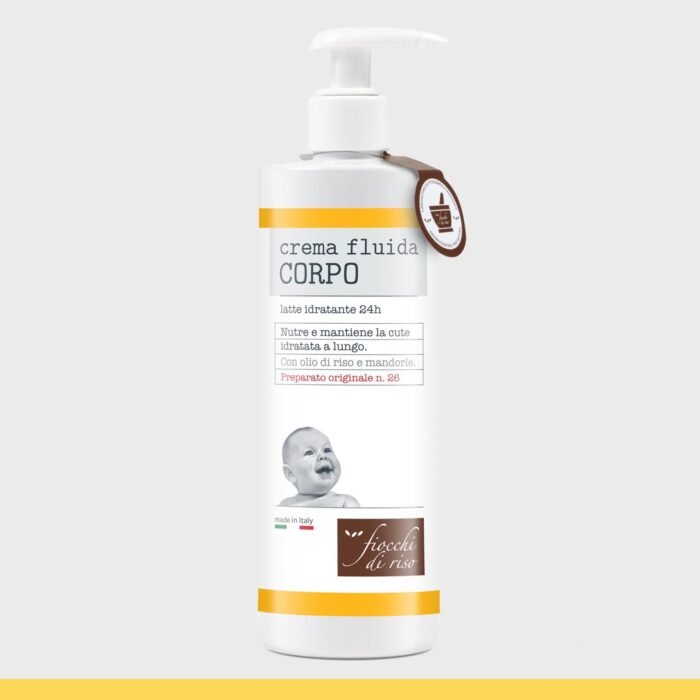 fiocchi-di-riso-crema-fluida-corpo-idratante-neonati-400ml Flacone da 400ml di Fiocchi di Riso Crema Fluida Corpo idratante con dispenser
