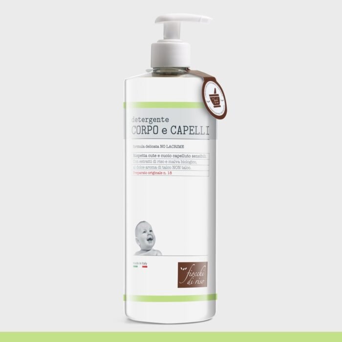 fiocchi-di-riso-detergente-corpo-capelli-talco-neonati-750ml Flacone da 750ml di Fiocchi di Riso Detergente Corpo e Capelli al talco con dispenser