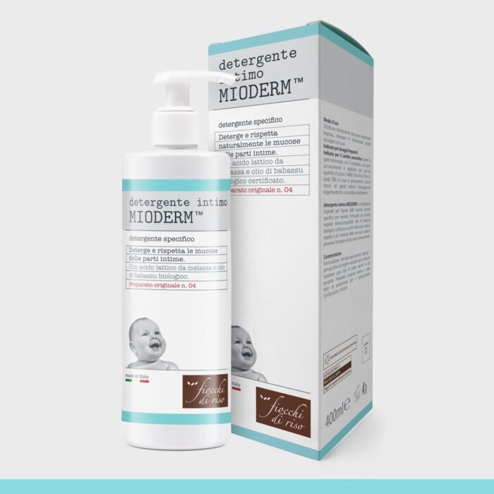 Flacone da 400ml di Fiocchi di Riso Detergente Intimo Mioderm con dispenser per l'igiene del neonato