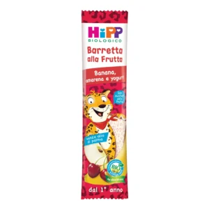 Confezione da 23g di HiPP barretta alla frutta biologica al gusto banana amarena e yogurt per bambini dal dodicesimo mese