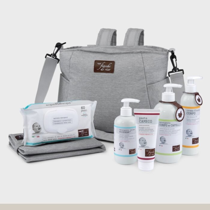 Borsa fasciatoio Fiocchi di Riso con fasciatoio portatile e 5 prodotti cosmetici per neonato