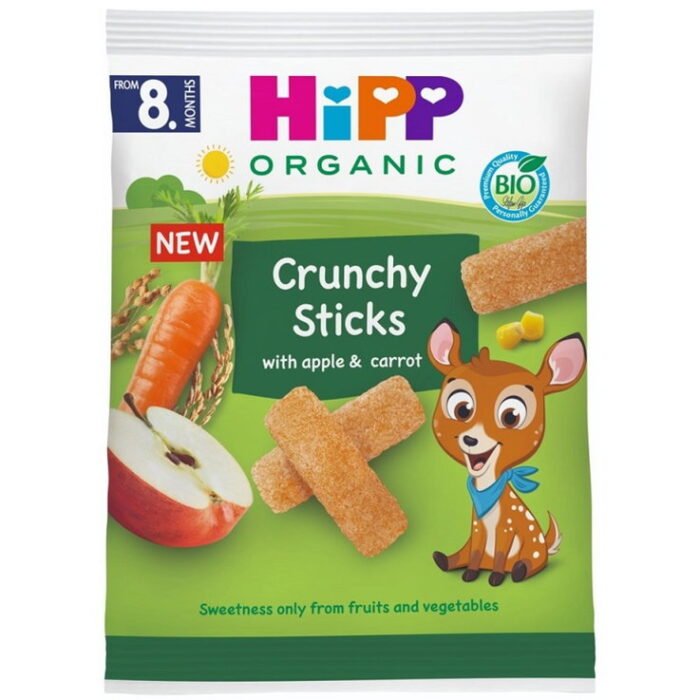 Sacchetto da 30g di HiPP Crunchy Sticks biologici al gusto mela e carota per bambini dal dodicesimo mese