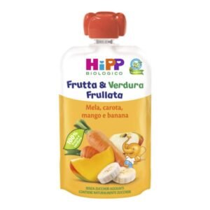 Confezione pouch da 90g di HiPP frutta frullata biologica gusto mela carota mango e banana