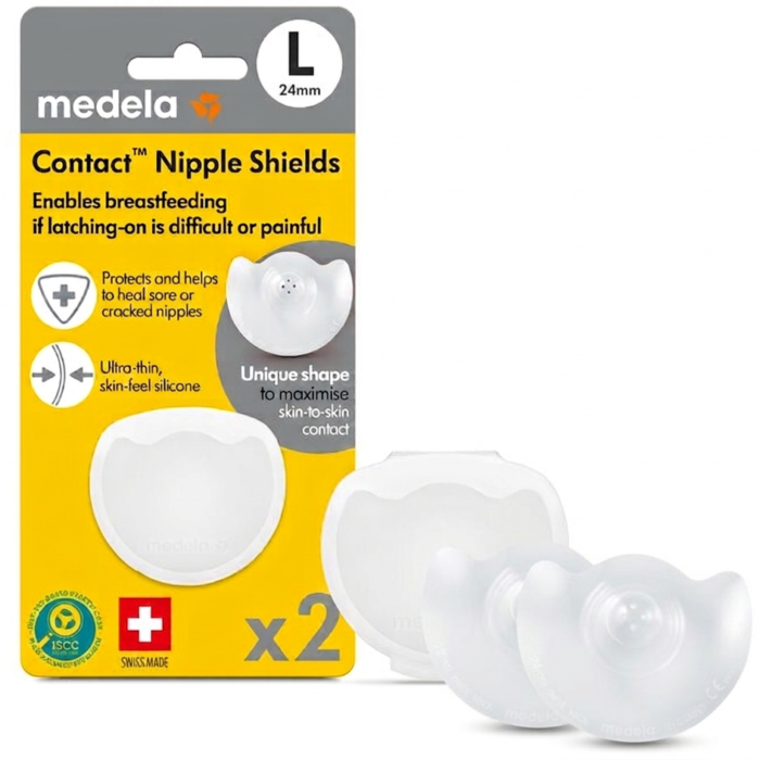 Coppia di paracapezzoli Contact Medela in silicone taglia L con custodia trasparente