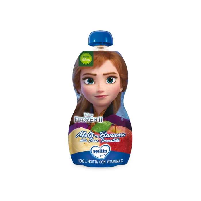 Bustina pouch spremibile da 110g di purea mela e banana Mellin linea Disney Frozen