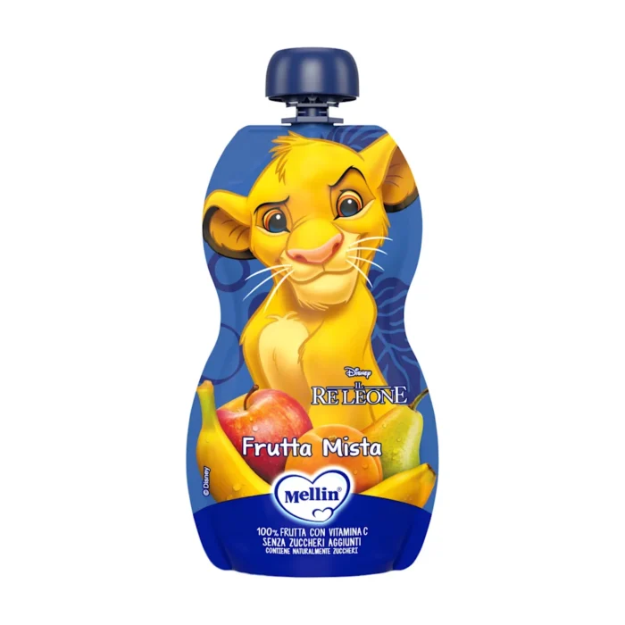Bustina pouch spremibile da 110g di purea alla frutta mista Mellin linea Disney Il Re Leone