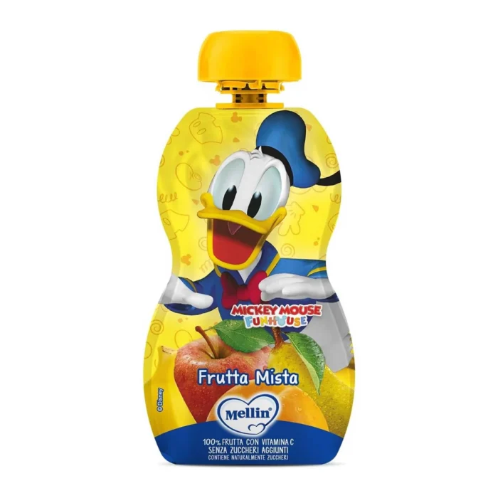 Bustina pouch spremibile da 110g di purea alla frutta mista Mellin linea Disney Paperino