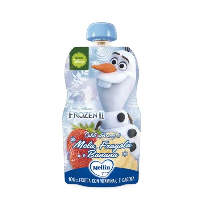 Confezione in pouch flessibile da 110g di frutta frullata mela fragola banana Mellin Disney Frozen
