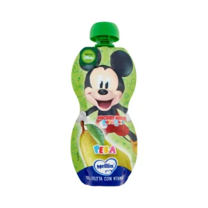Confezione in pouch flessibile da 110g di frutta frullata alla pera Mellin Disney Mickey Mouse