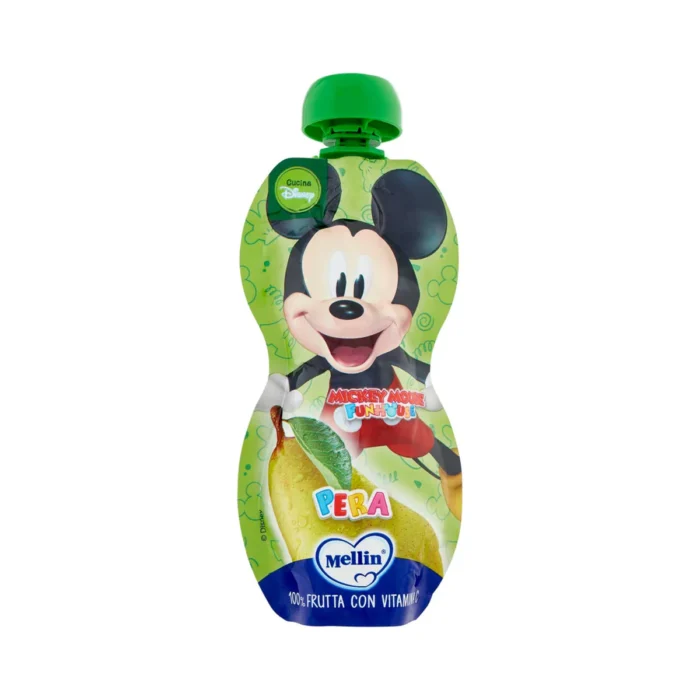 Confezione in pouch flessibile da 110g di frutta frullata alla pera Mellin Disney Mickey Mouse